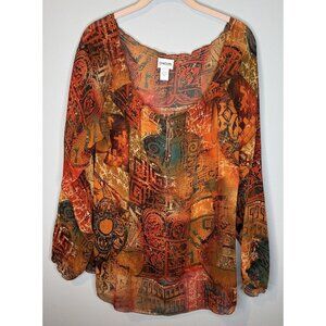 Chicos Size 3 Silk Top Multicolor Sheer Abstract Art Wear XL Extra Large
